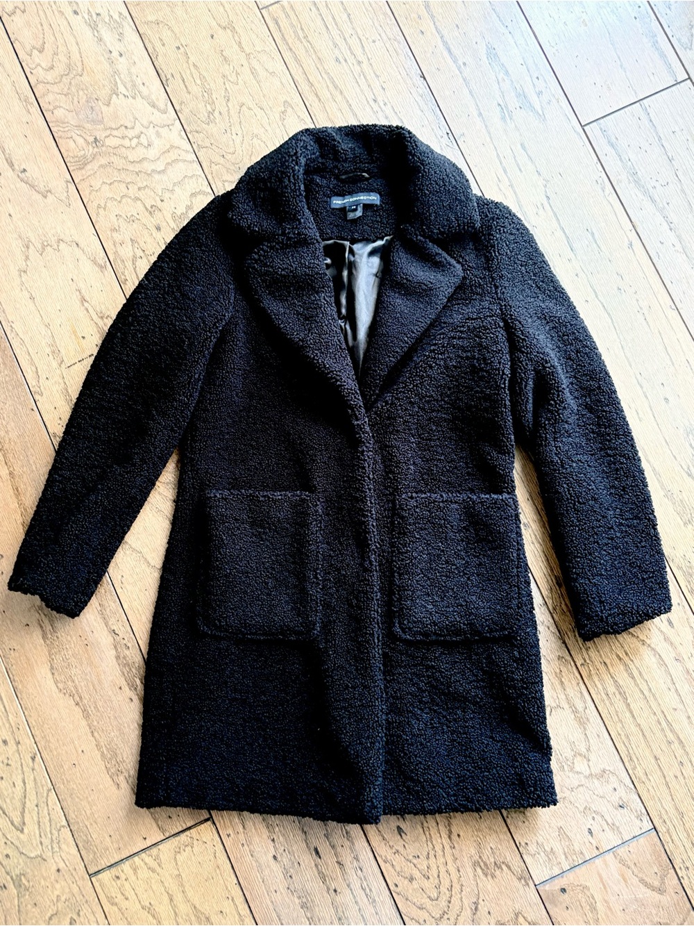 French Connection Black Teddy Coat with Patch Pockets